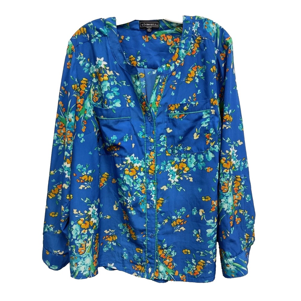 Elementz‎ Womens Blouse Top Size 2X Blue Floral Long sleeve Cottagecore BOHO